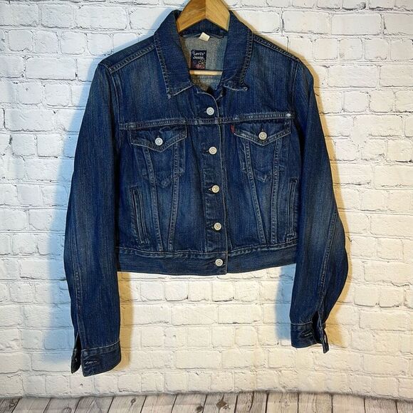 Levi’s Denim Womens Trucker Jacket Flower Tag size L Large Medium Wash - Picture 1 of 9